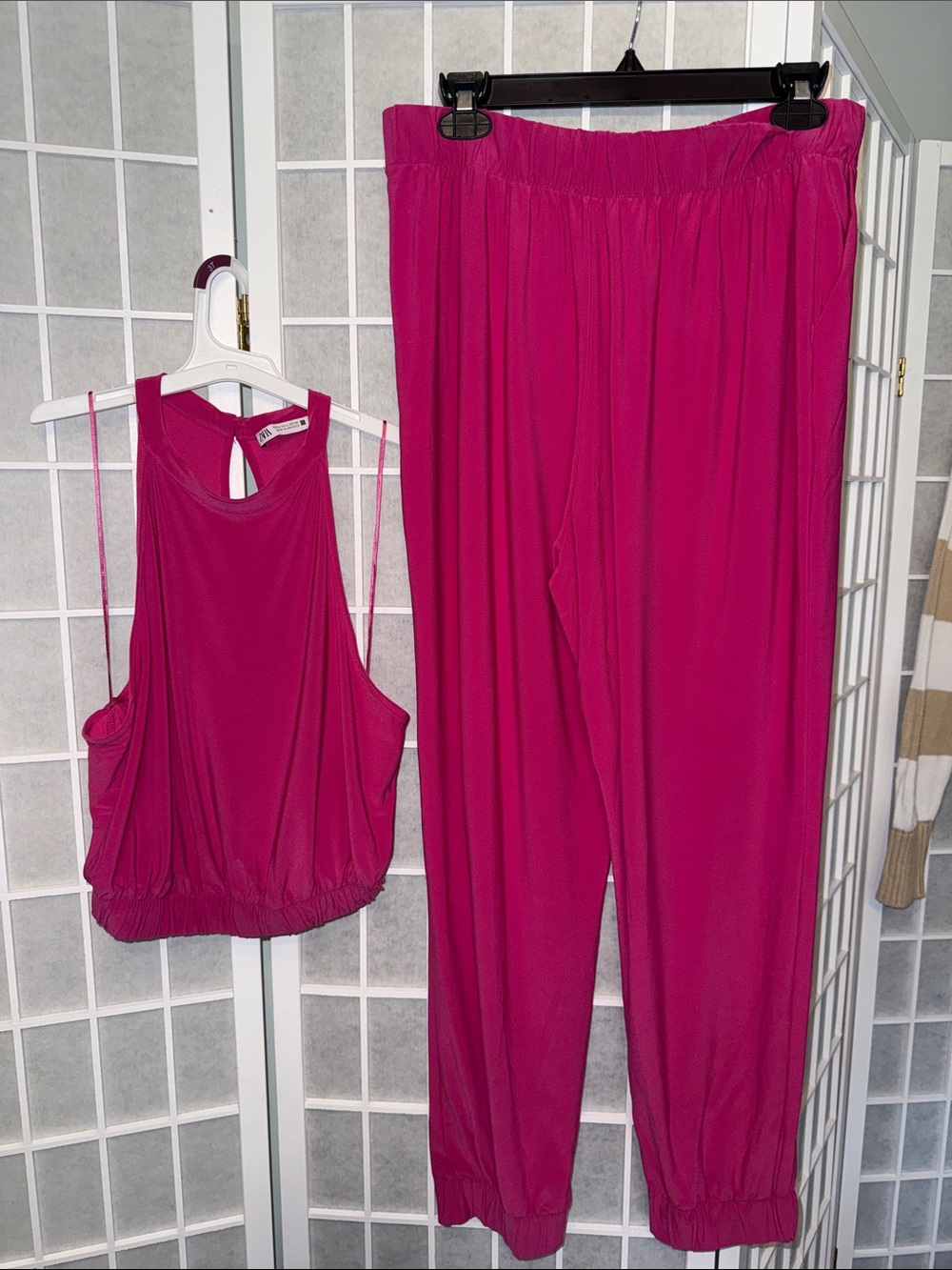Zara Hot Pink Two-Piece Jumpsuit Set - Sleeveless Top & Elastic Hem Pants Size L